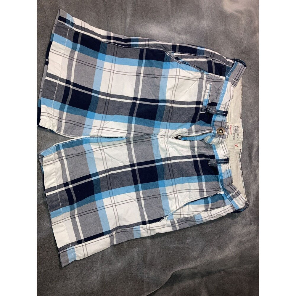 AE American Eagle Shorts Mens 30 White Blue Plaid Prep Fit Length